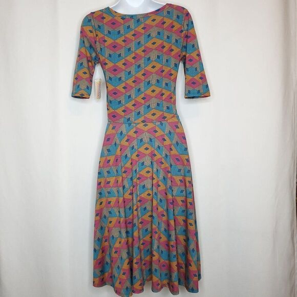 NEW Lularoe Geometric Nicole Dress Sz XS Orange Blue Pink Brown A-Line - Picture 2 of 3
